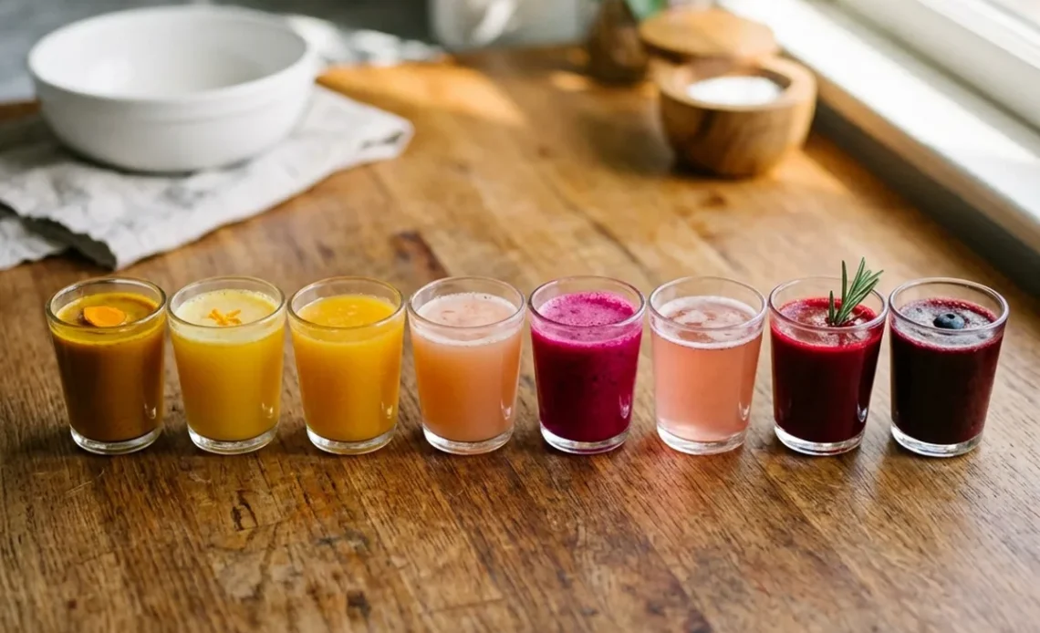 Anti-inflammatory drinks and 7 more healthy picks lined up in glasses on a wood counter