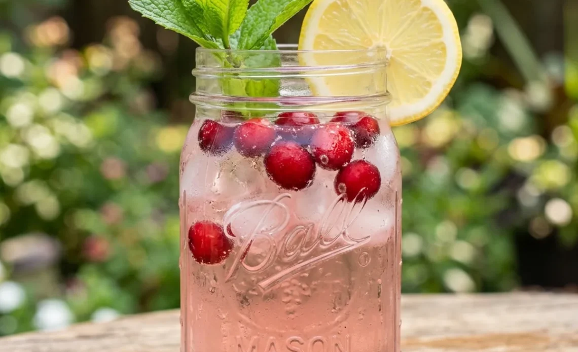 Mason jar of pale pink strained cranberry water with fresh cranberries and lemon beside it