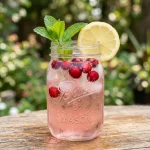 Mason jar of pale pink strained cranberry water with fresh cranberries and lemon beside it
