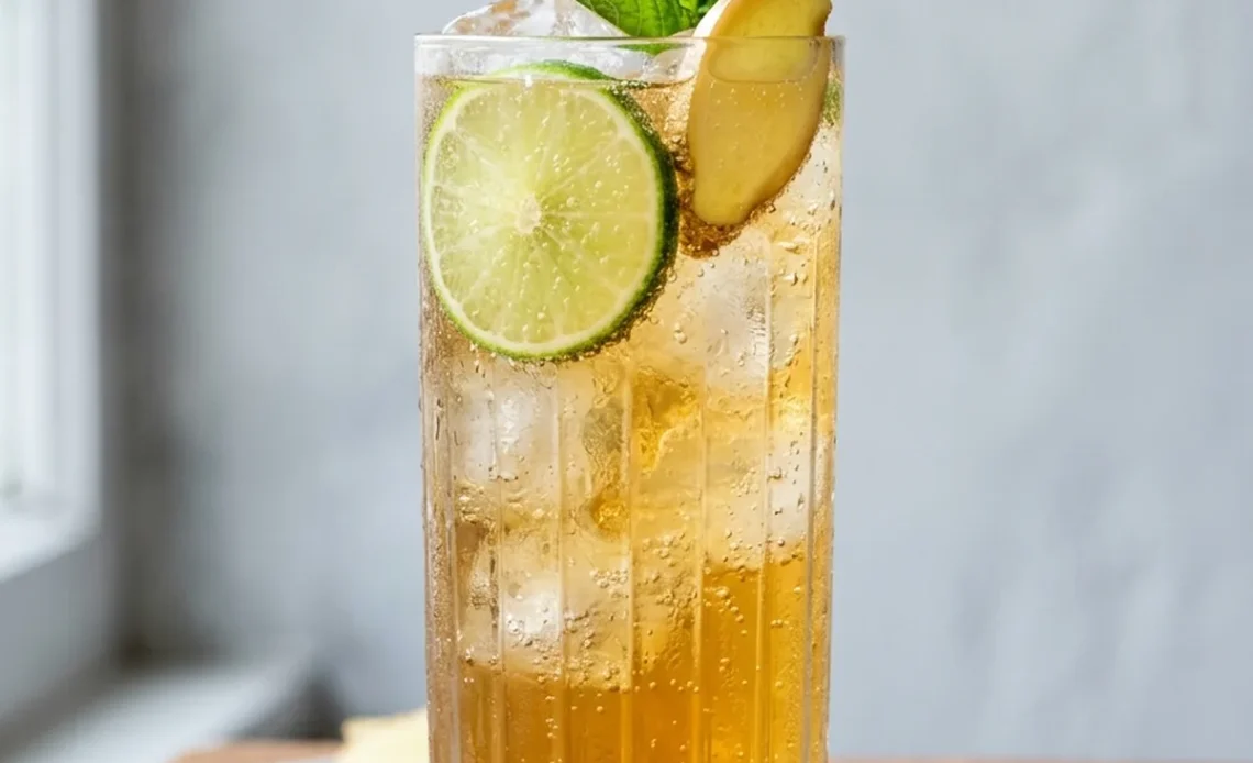 Ginger beer recipe homemade in a tall glass with lime and mint garnish