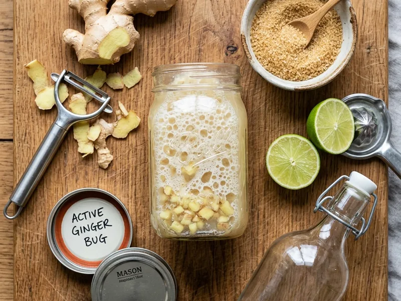 Fresh ginger, cane sugar, lime, and active ginger bug for ginger beer recipe homemade