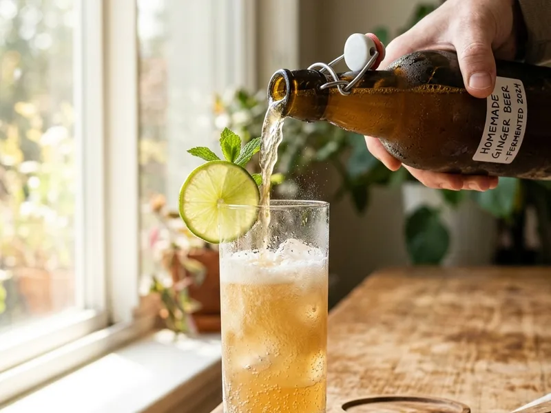 Pouring ginger beer recipe homemade from a swing-top bottle into a glass over ice