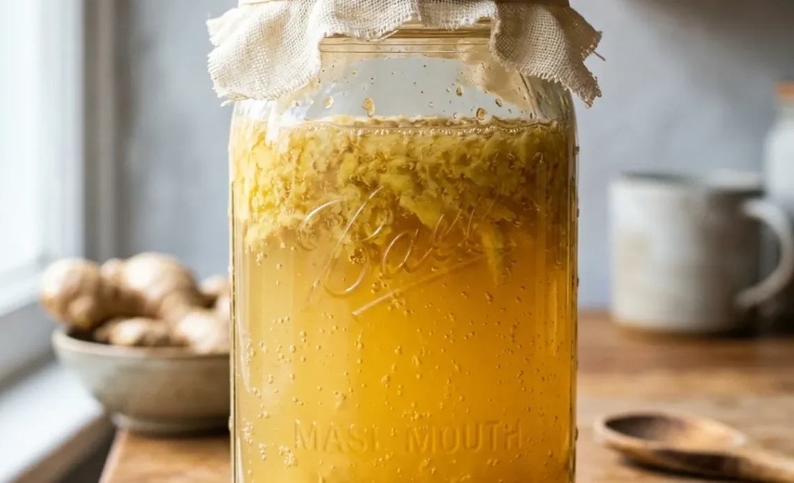 Ginger bug recipe fermenting in a glass jar with cheesecloth cover