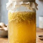 Ginger bug recipe fermenting in a glass jar with cheesecloth cover