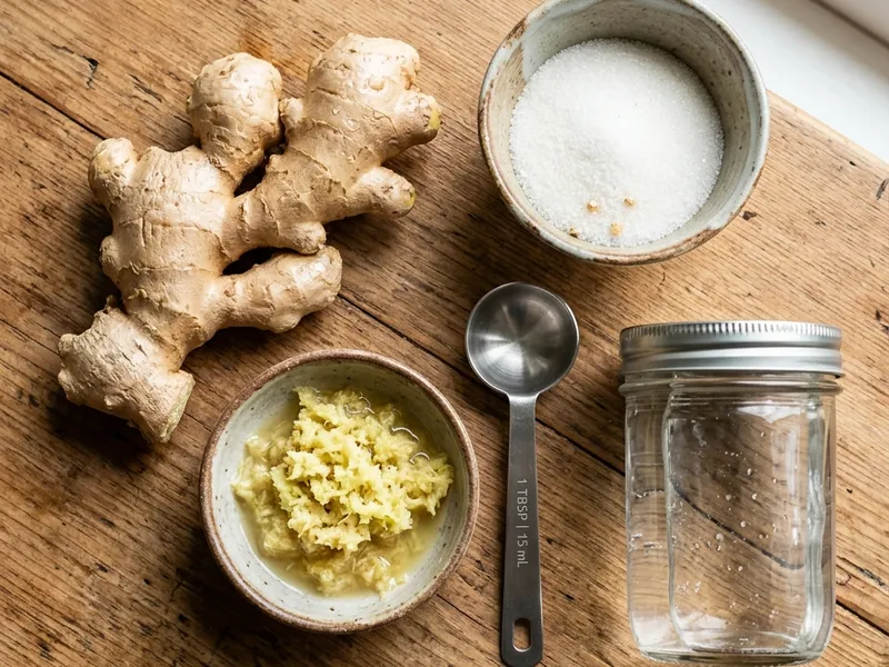 Fresh ginger, sugar, and filtered water for a ginger bug recipe