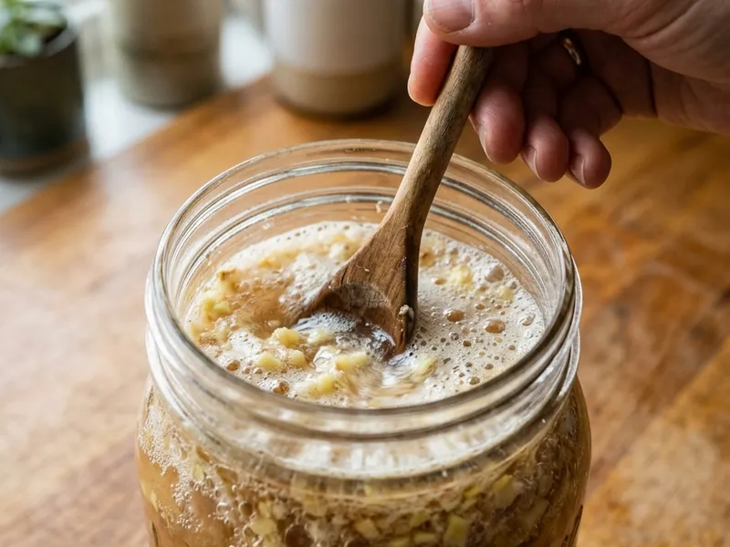 Stirring an active bubbling ginger bug recipe starter