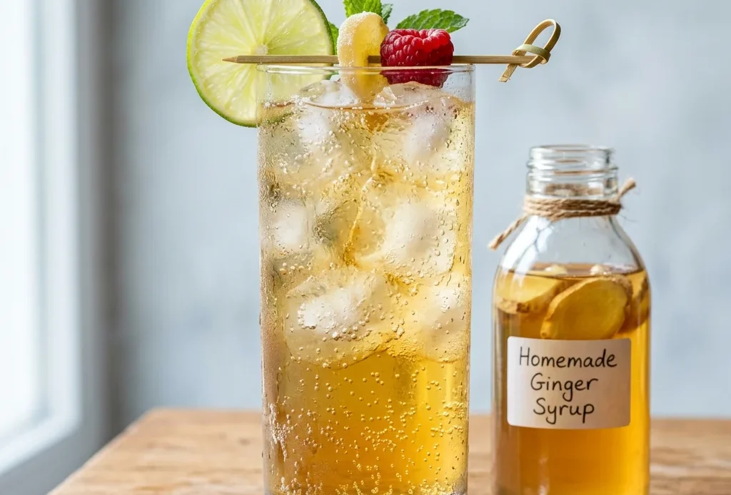 Ginger simple syrup in a glass bottle beside a glass of homemade ginger ale with lime and fresh ginger
