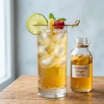 Ginger simple syrup in a glass bottle beside a glass of homemade ginger ale with lime and fresh ginger