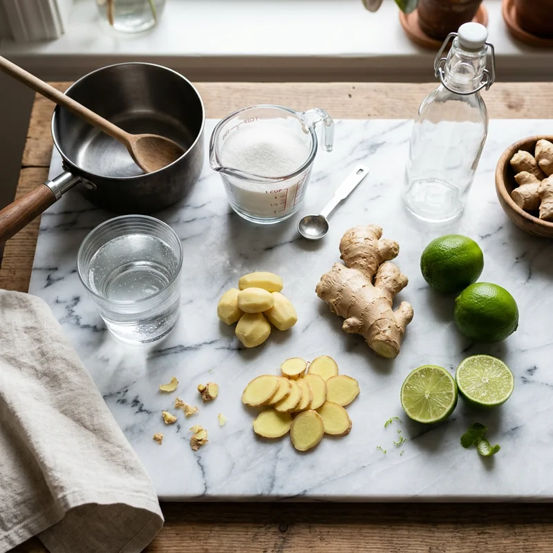 Fresh ginger root, sugar, water and lime for making homemade ginger simple syrup