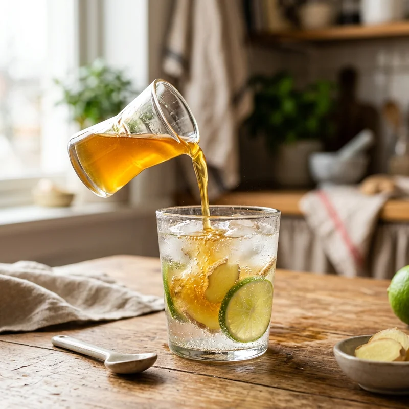 Pouring ginger simple syrup into a glass of sparkling water with lime and ice