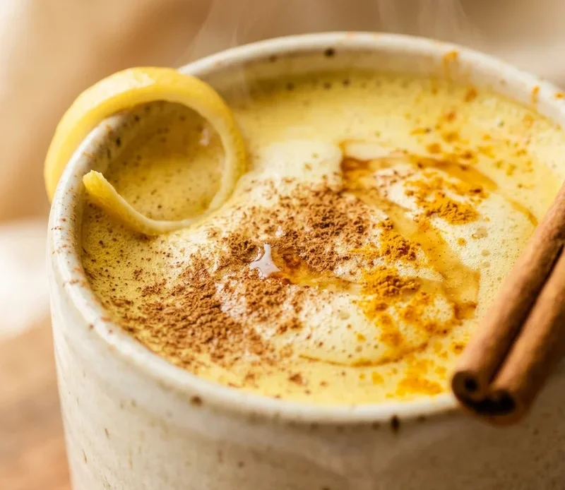 Golden milk recipe in a ceramic mug with cinnamon stick and turmeric dusting
