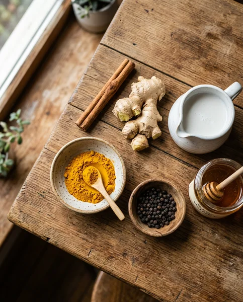 Golden milk ingredients: turmeric, black pepper, cinnamon, ginger, coconut milk, honey
