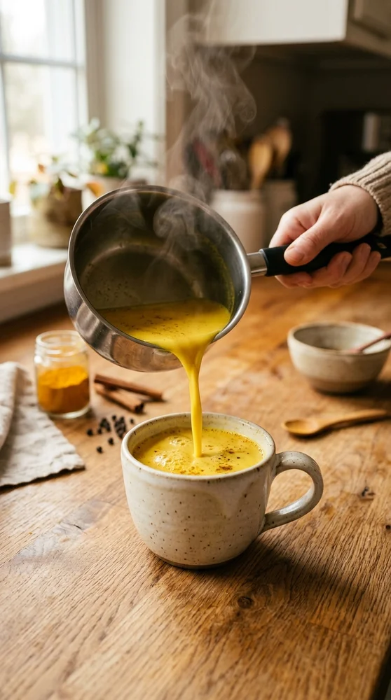 Pouring golden milk from a saucepan into a ceramic mug