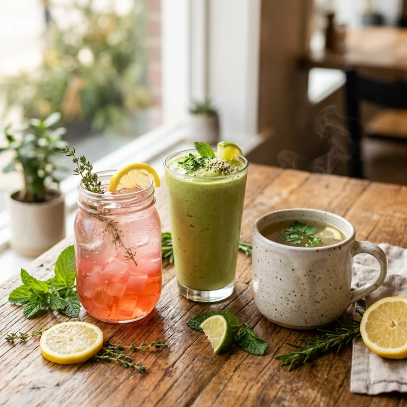 pink cranberry drink served beside a green smoothie and a mug of bone broth