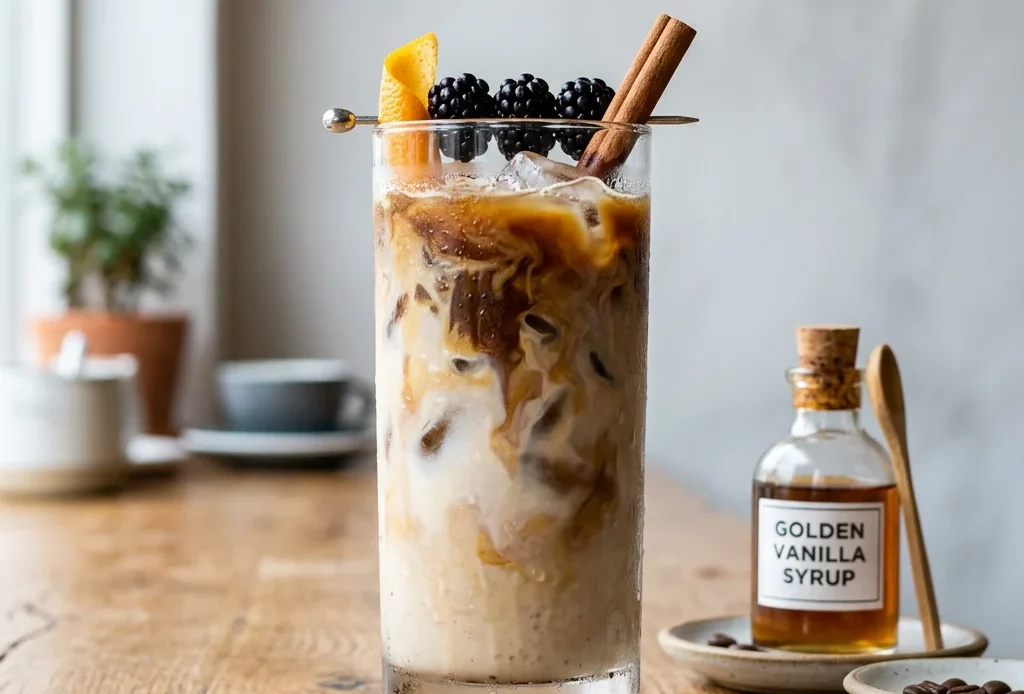 Iced latte in a tall glass with ribbons of espresso and milk over ice beside a bottle of syrup