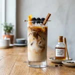 Iced latte in a tall glass with ribbons of espresso and milk over ice beside a bottle of syrup