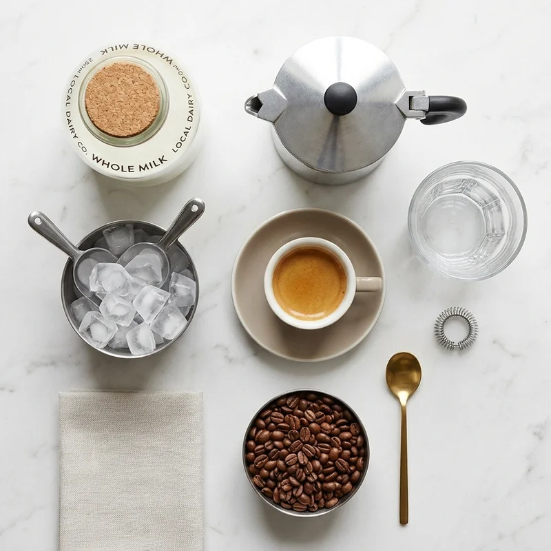 Espresso, milk, ice and a moka pot laid out for making an iced latte at home