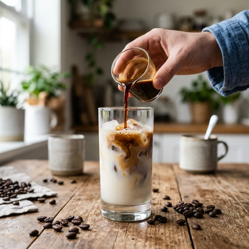 Pouring espresso over milk and ice to make an iced latte