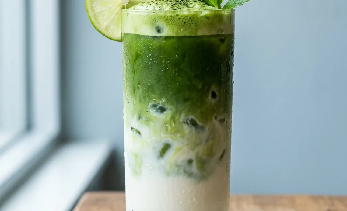 Iced matcha latte in a tall glass with lime wheel and mint garnish