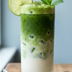 Iced matcha latte in a tall glass with lime wheel and mint garnish