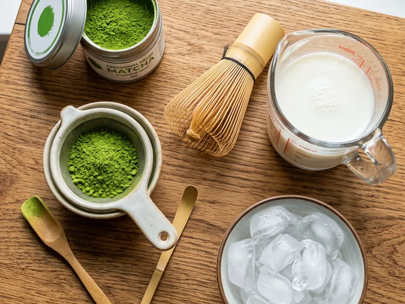 Ceremonial grade matcha powder, bamboo whisk, and milk for iced matcha latte