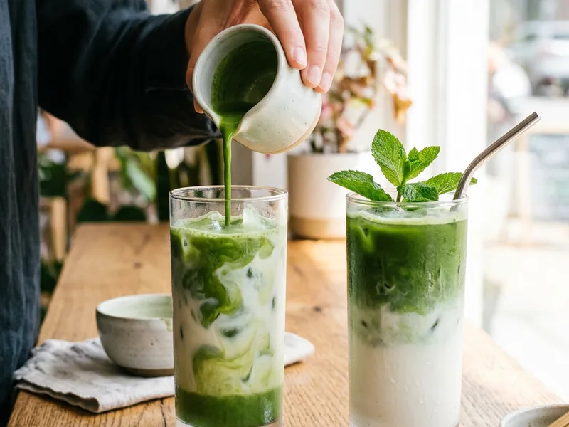 Two glasses of iced matcha latte with matcha being poured over milk
