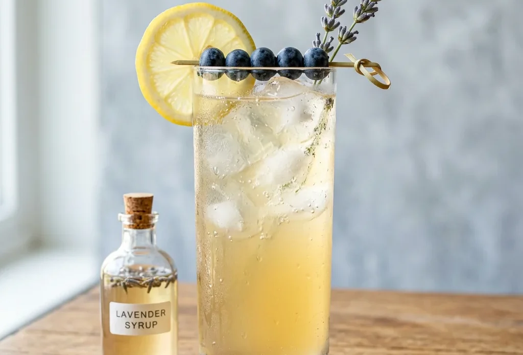Lavender syrup in a glass bottle beside a glass of iced lavender lemonade with lemon and dried lavender