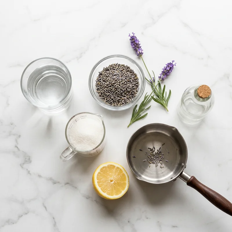 Dried culinary lavender buds, sugar, water and lemon for making homemade lavender syrup
