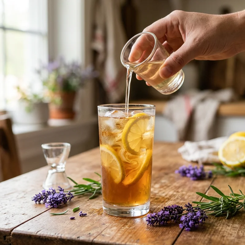 Pouring lavender syrup into a glass of iced tea with lemon slices and lavender sprigs