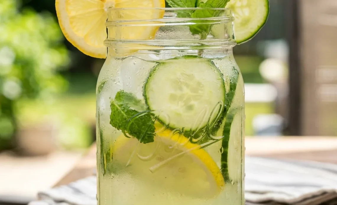 LMNT recipe electrolyte drink in a mason jar with lemon garnish