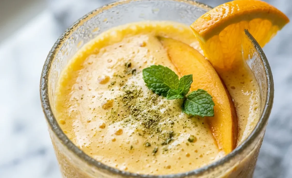 Mango lassi recipe served in a tumbler glass with cardamom dusting and mint garnish