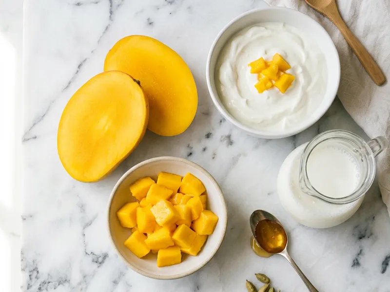 Ingredients for mango lassi recipe: mango, full-fat yogurt, milk, honey, and cardamom pods