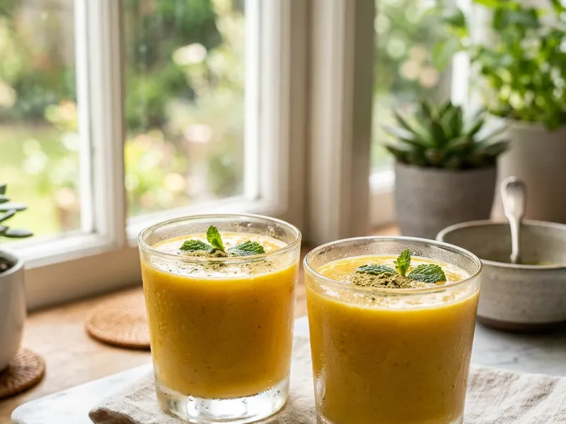 Two glasses of mango lassi served side by side, garnished with cardamom and mint