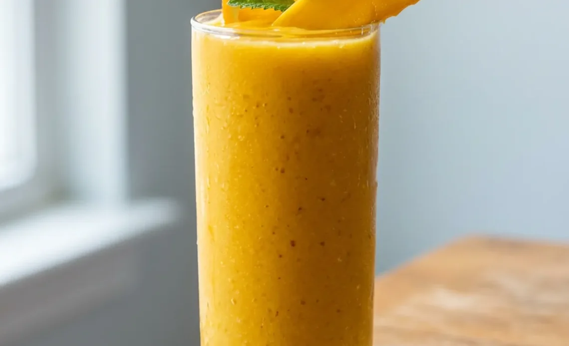 Mango smoothie recipe in a tall glass with orange wheel and mint garnish