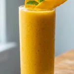 Mango smoothie recipe in a tall glass with orange wheel and mint garnish