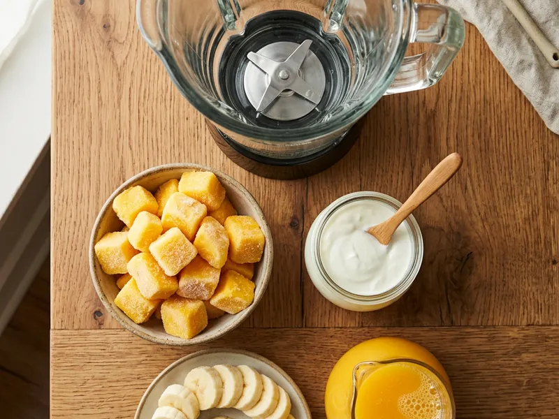 Frozen mango chunks, banana, yogurt, and orange juice for mango smoothie recipe