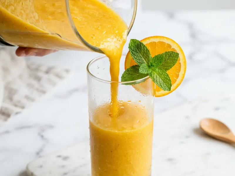 Mango smoothie recipe being poured into a glass