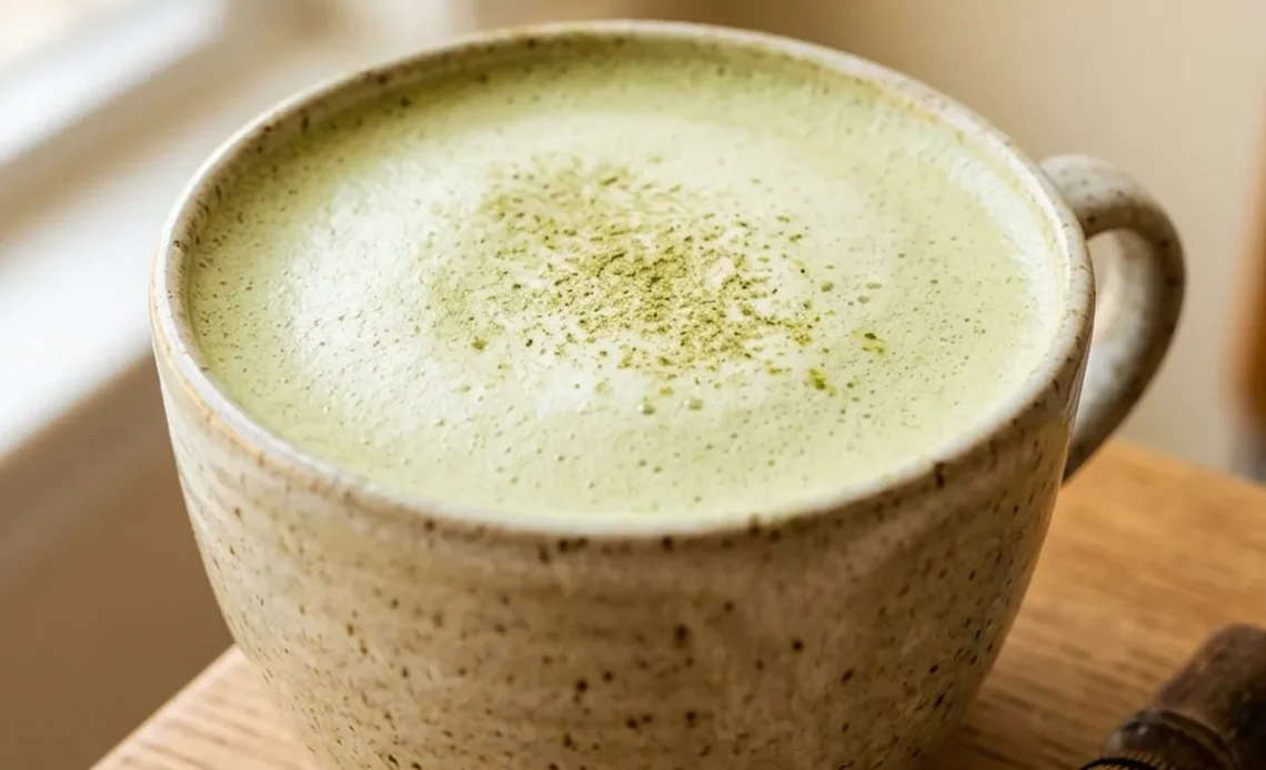Matcha adaptogen drink recipe latte with bamboo whisk