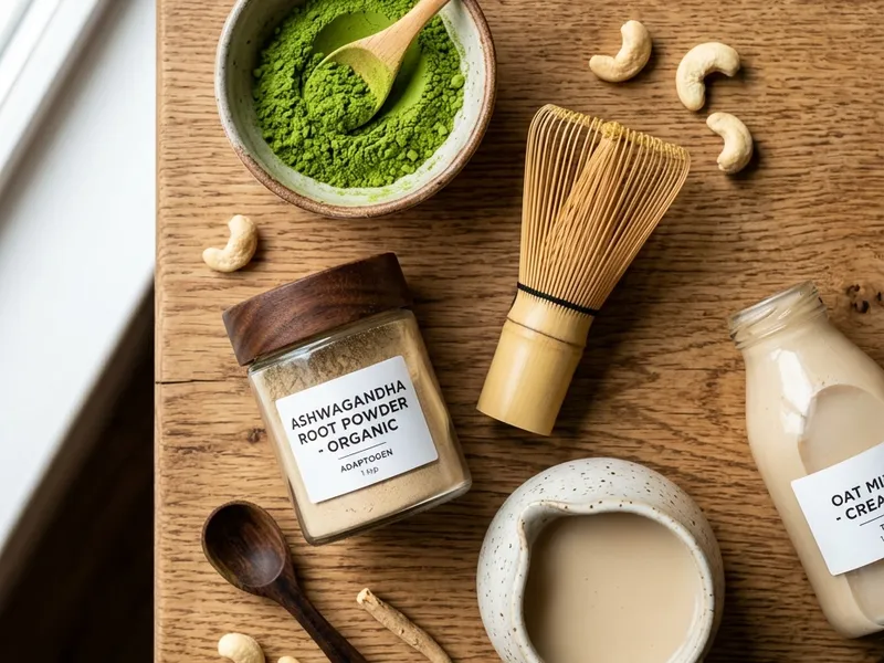 Ingredients for matcha adaptogen drink recipe: matcha powder, ashwagandha, oat milk