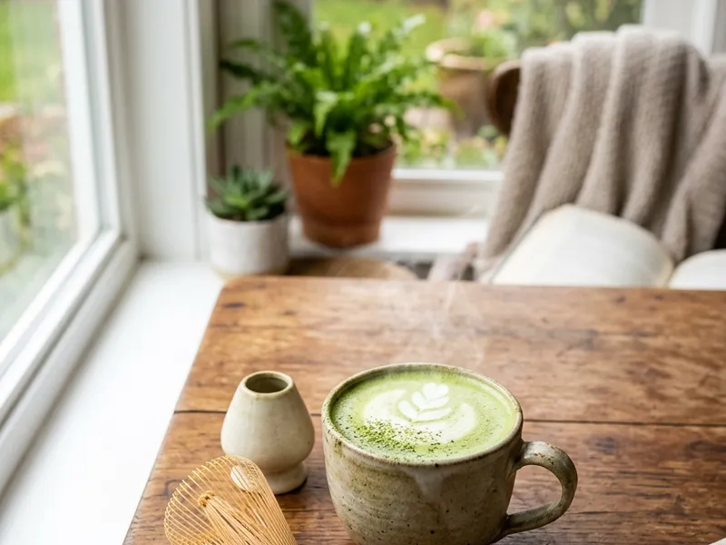 Mug of matcha adaptogen drink recipe served by a window