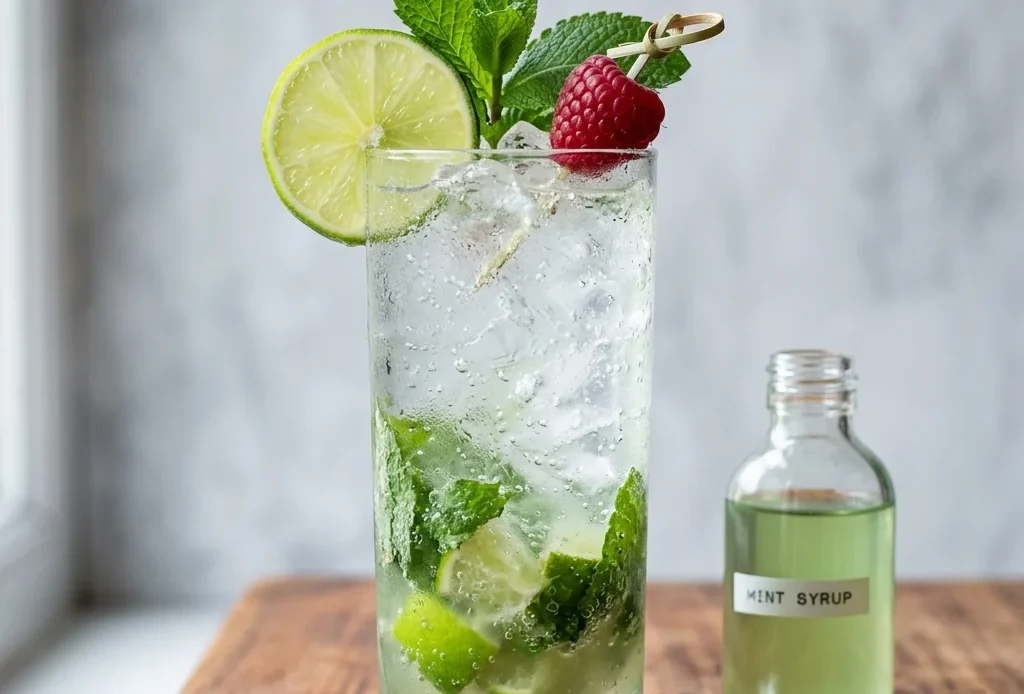 Mint simple syrup in a glass bottle beside a mojito-style mocktail with lime and fresh mint