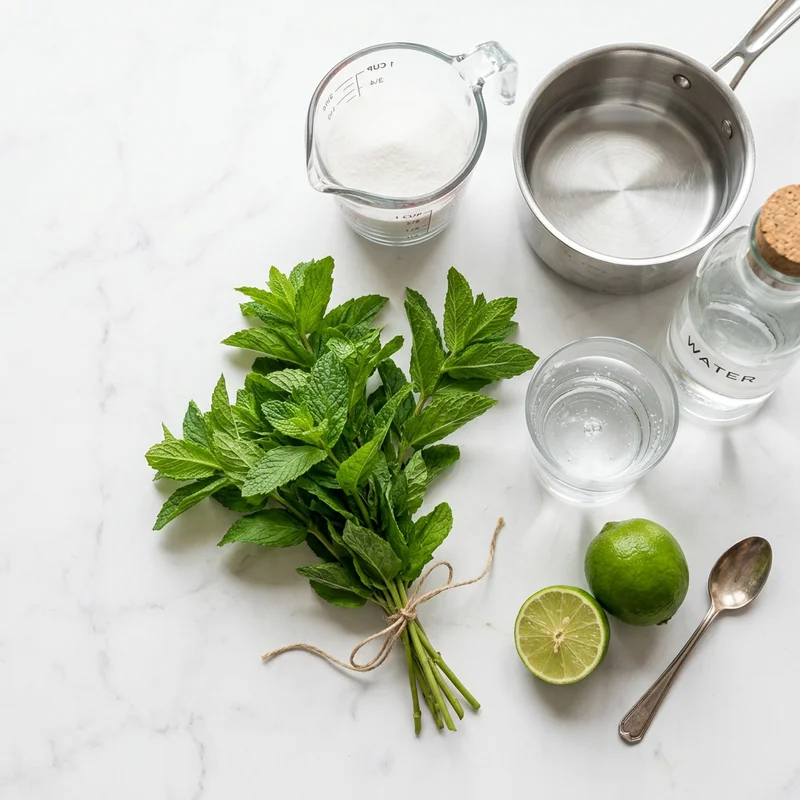 Fresh mint leaves, sugar, water and lime for making homemade mint simple syrup