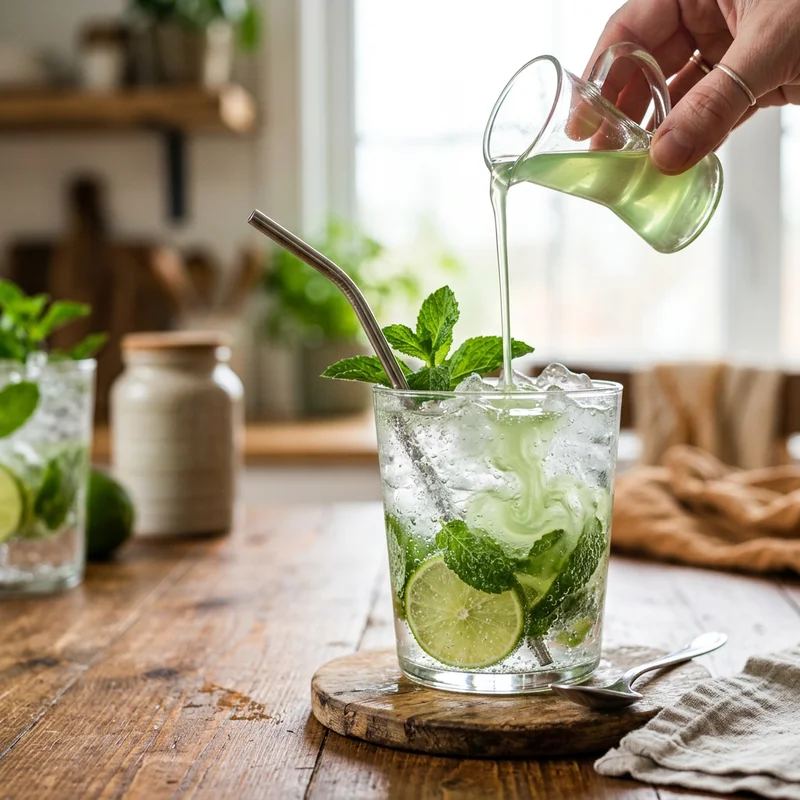 Pouring mint simple syrup into a glass of sparkling water with lime and crushed ice