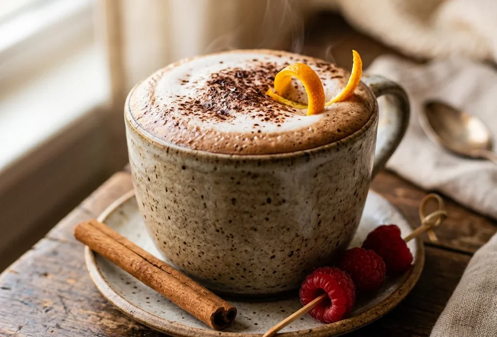 Mocha latte in a ceramic mug with foam and cocoa dusting beside a small pot of chocolate sauce