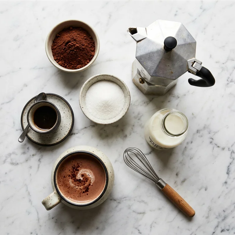 Cocoa powder, sugar, espresso and milk laid out for making a homemade mocha latte