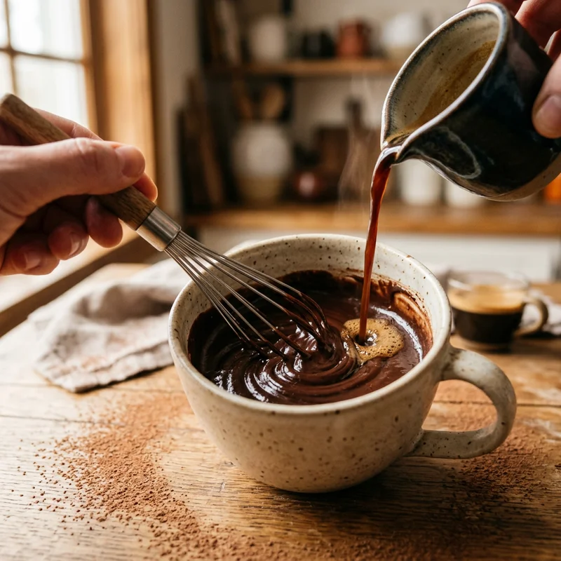 Whisking cocoa paste into espresso before adding steamed milk for a mocha latte