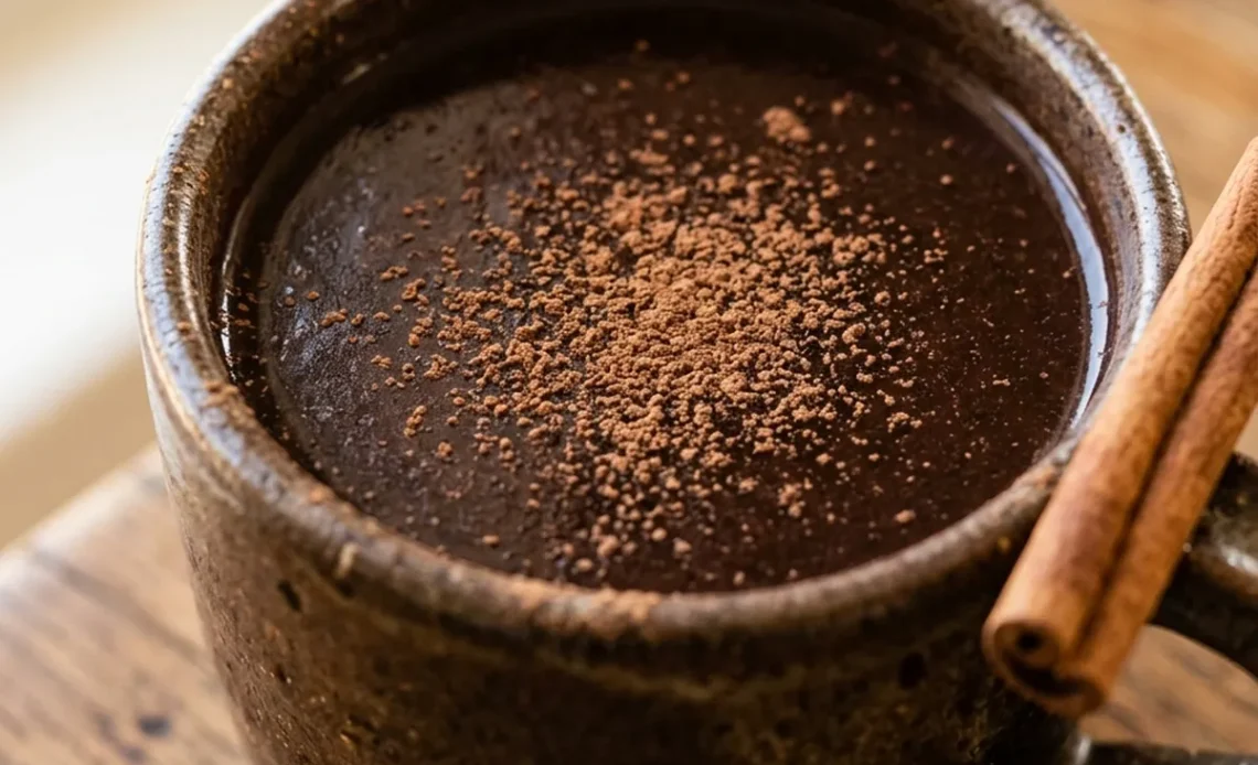 Mushroom adaptogen drink recipe in a mug with cacao and cinnamon