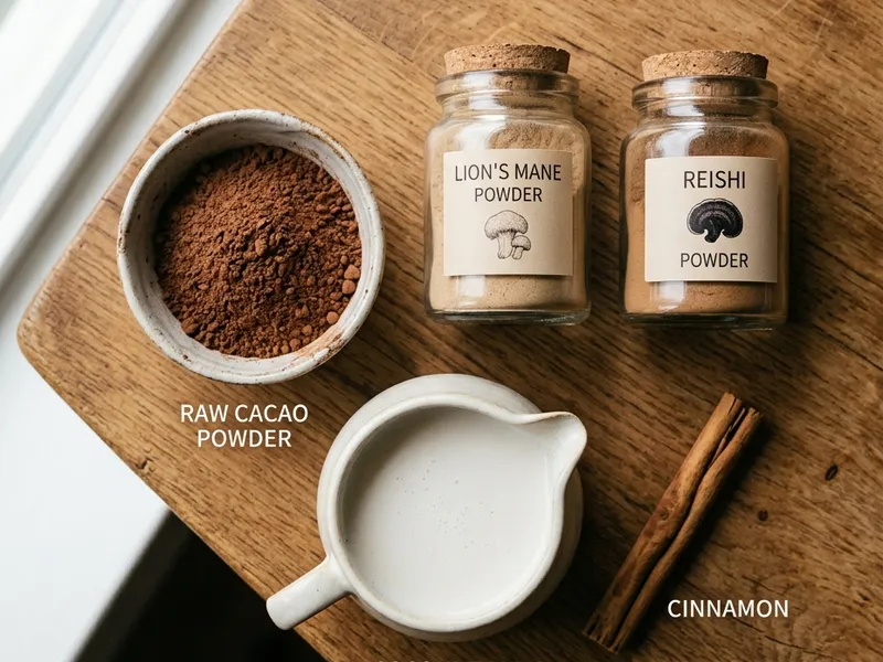 Ingredients for mushroom adaptogen drink recipe: lion's mane, reishi, cacao, coconut milk