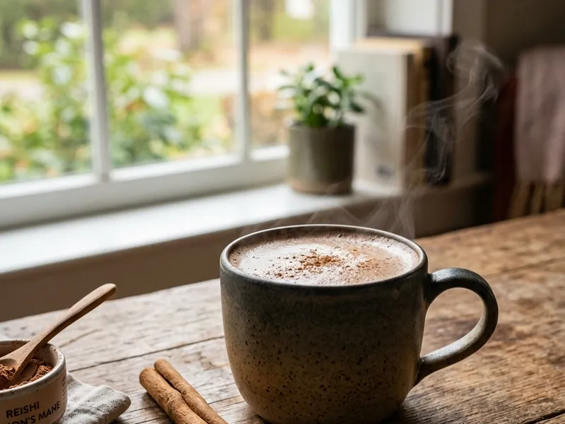 Mug of mushroom adaptogen drink recipe served by a window