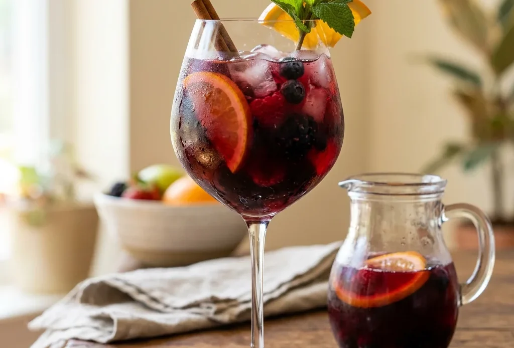 Non alcoholic sangria in a stemmed glass with orange slices and berries beside a glass pitcher